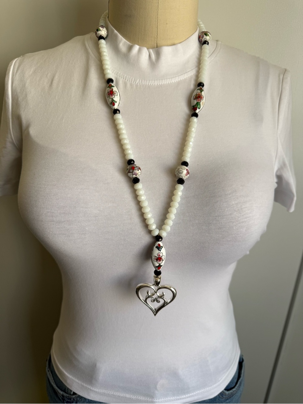 White Beaded Heart Pendant Necklace with Floral Accents
